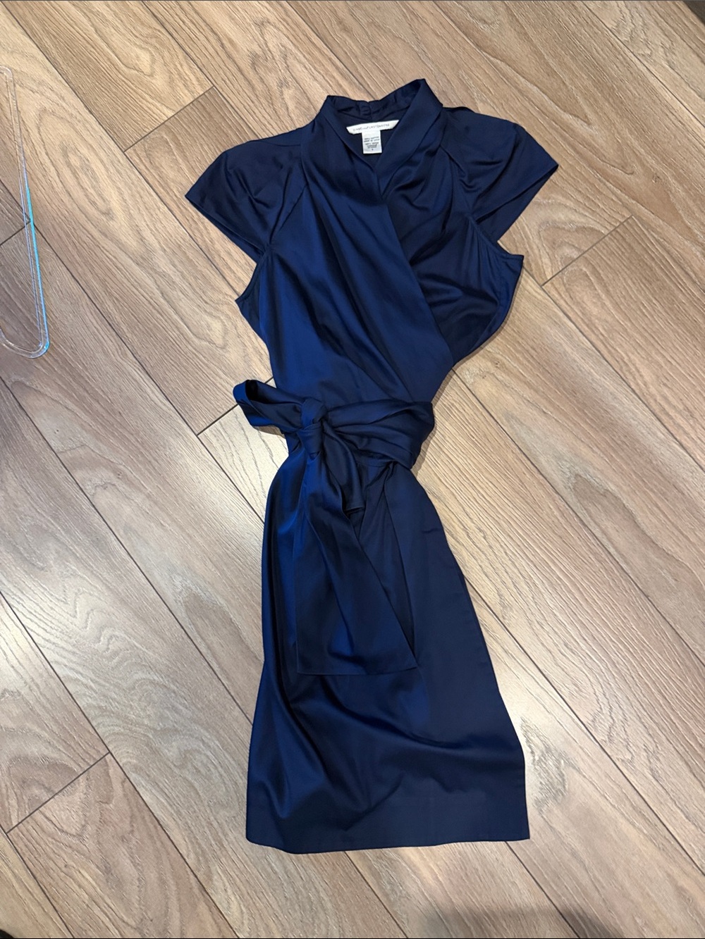 Diane Von Furstenberg Navy Wrap Midi Dress with Tie Waist